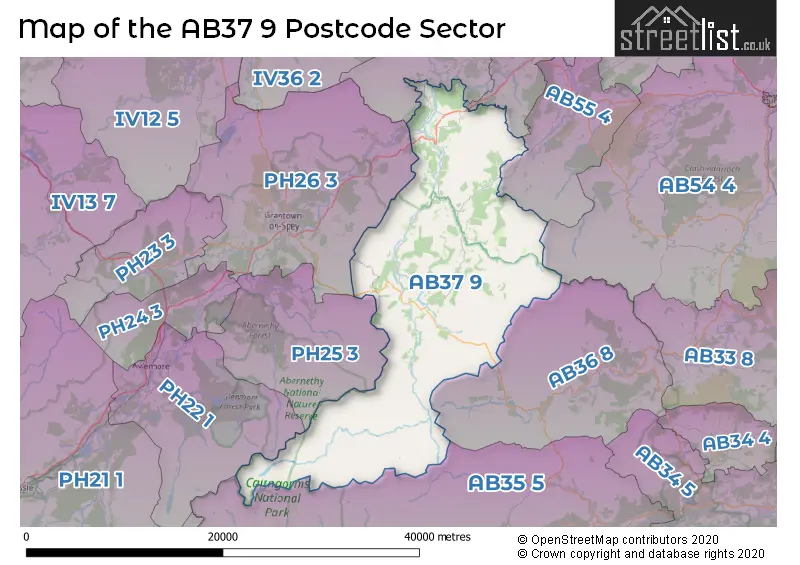 Map of the AB37 9 and surrounding postcode sector