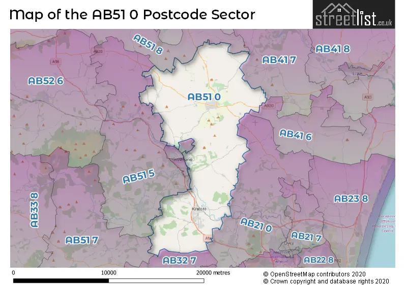 Map of the AB51 0 and surrounding postcode sector