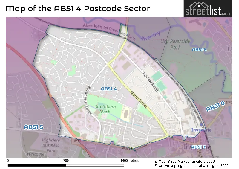 Map of the AB51 4 and surrounding postcode sector