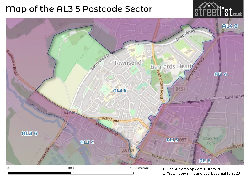 Map of the AL3 5 and surrounding postcode sector