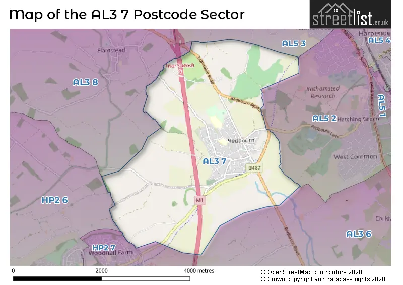 Map of the AL3 7 and surrounding postcode sector