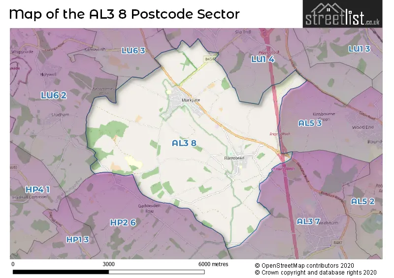 Map of the AL3 8 and surrounding postcode sector