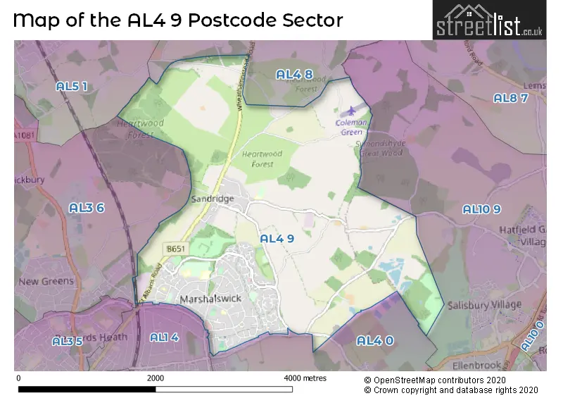 Map of the AL4 9 and surrounding postcode sector