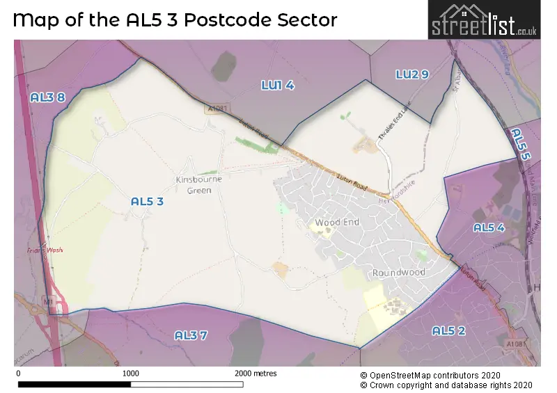 Map of the AL5 3 and surrounding postcode sector