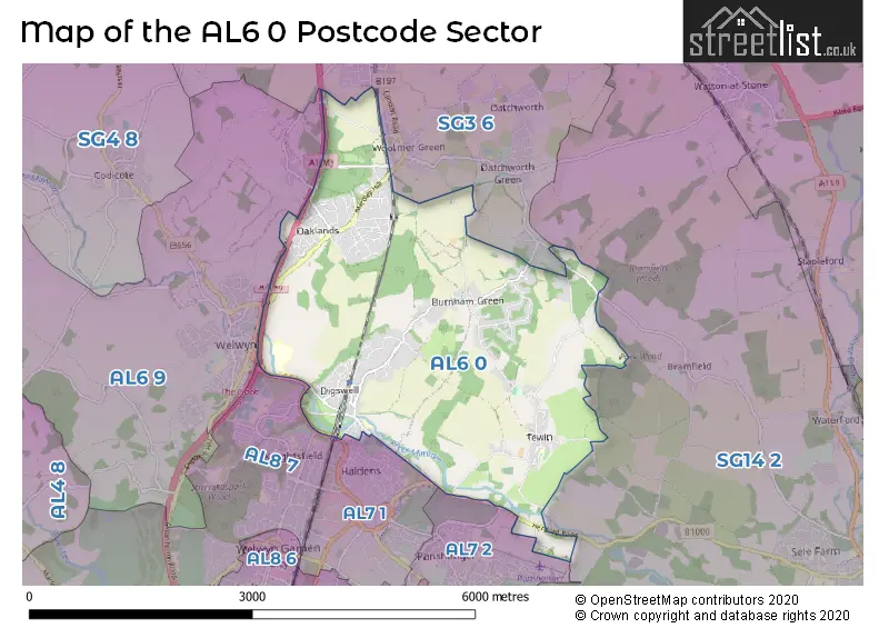 Map of the AL6 0 and surrounding postcode sector