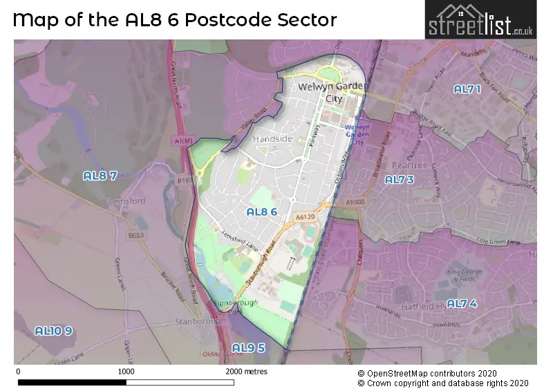 Map of the AL8 6 and surrounding postcode sector