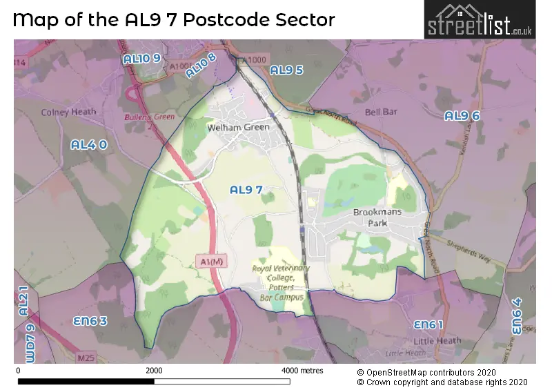 Map of the AL9 7 and surrounding postcode sector