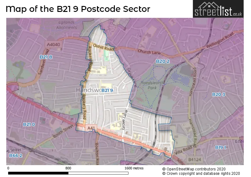 Map of the B21 9 and surrounding postcode sector