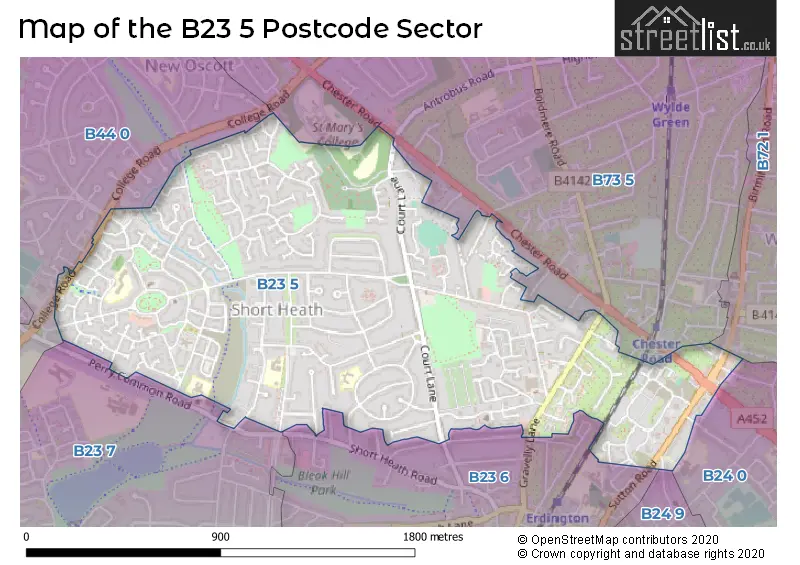 Map of the B23 5 and surrounding postcode sector