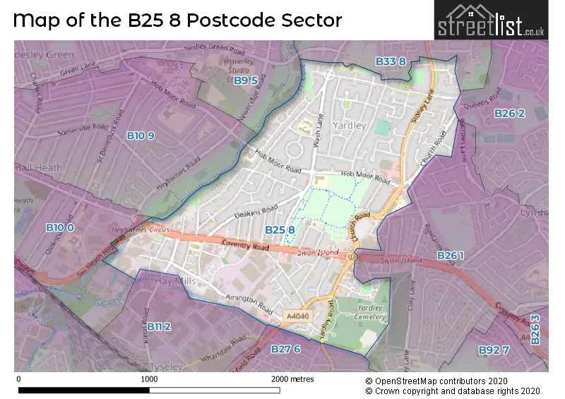 Map of the B25 8 and surrounding postcode sector