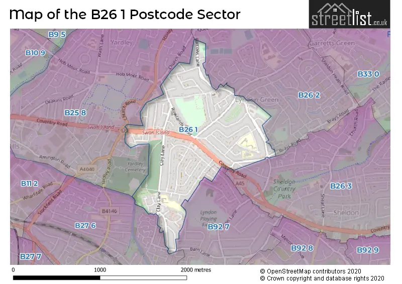 Map of the B26 1 and surrounding postcode sector