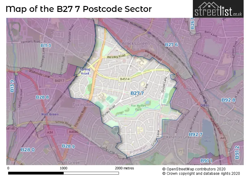 Map of the B27 7 and surrounding postcode sector