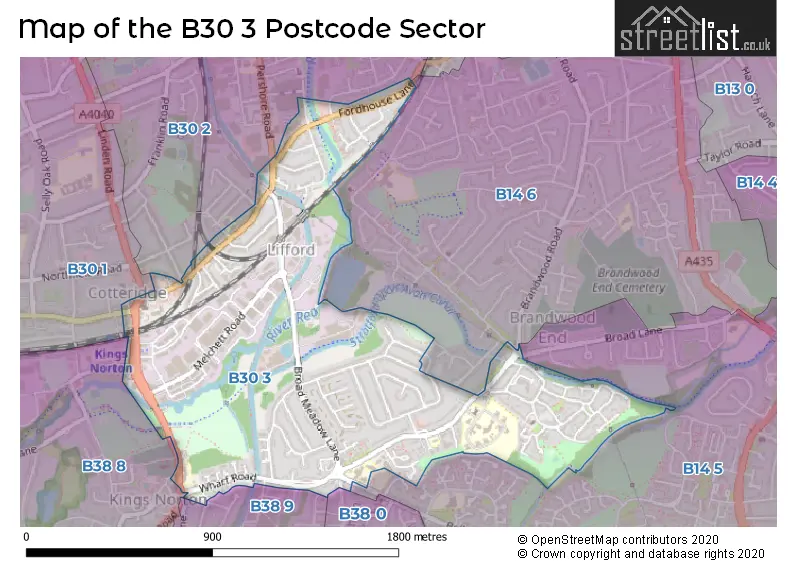 Map of the B30 3 and surrounding postcode sector