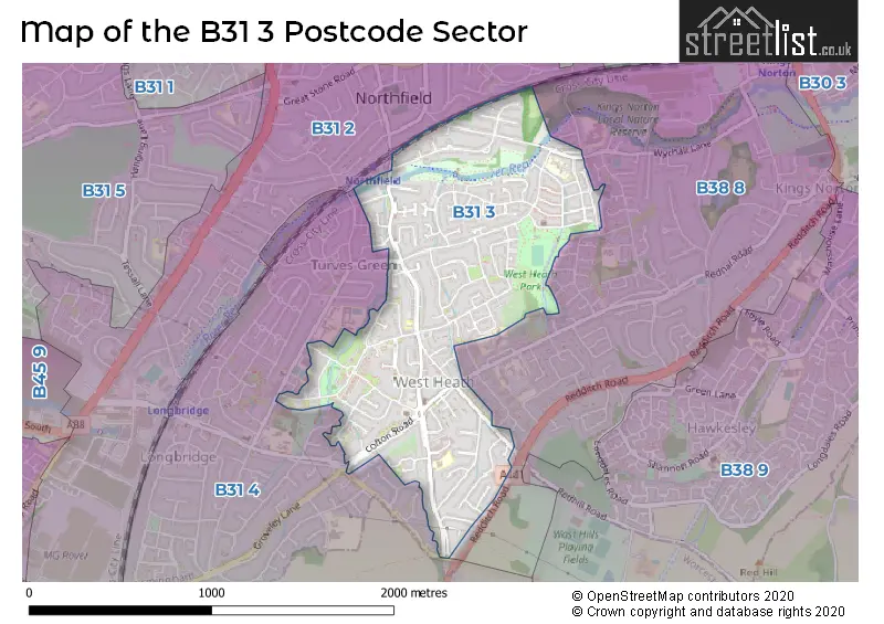 Map of the B31 3 and surrounding postcode sector