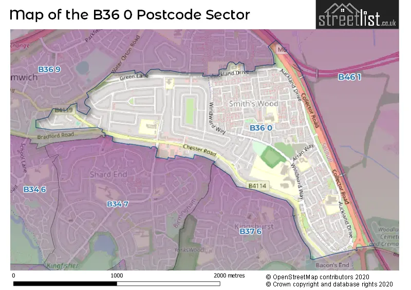 Map of the B36 0 and surrounding postcode sector