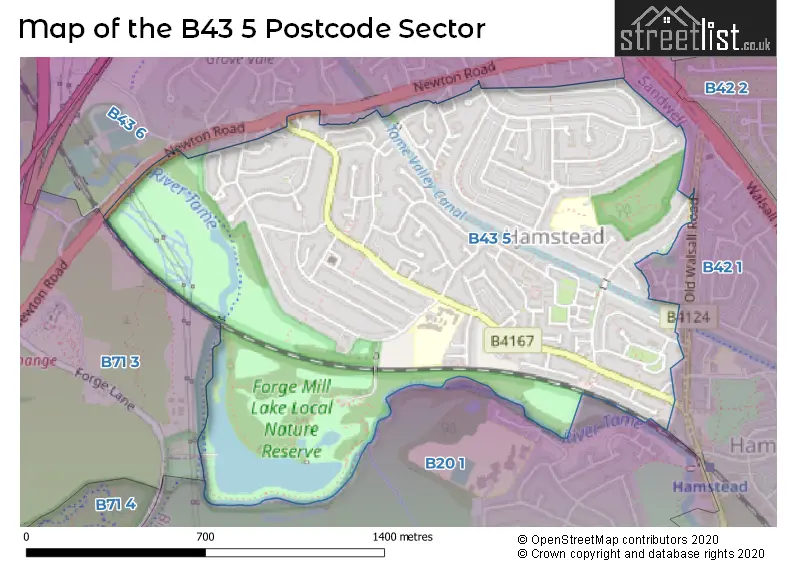 Map of the B43 5 and surrounding postcode sector