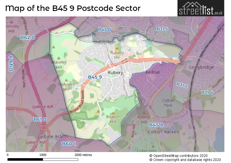 Map of the B45 9 and surrounding postcode sector