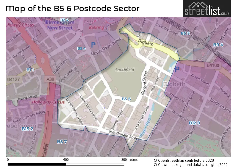 Map of the B5 6 and surrounding postcode sector