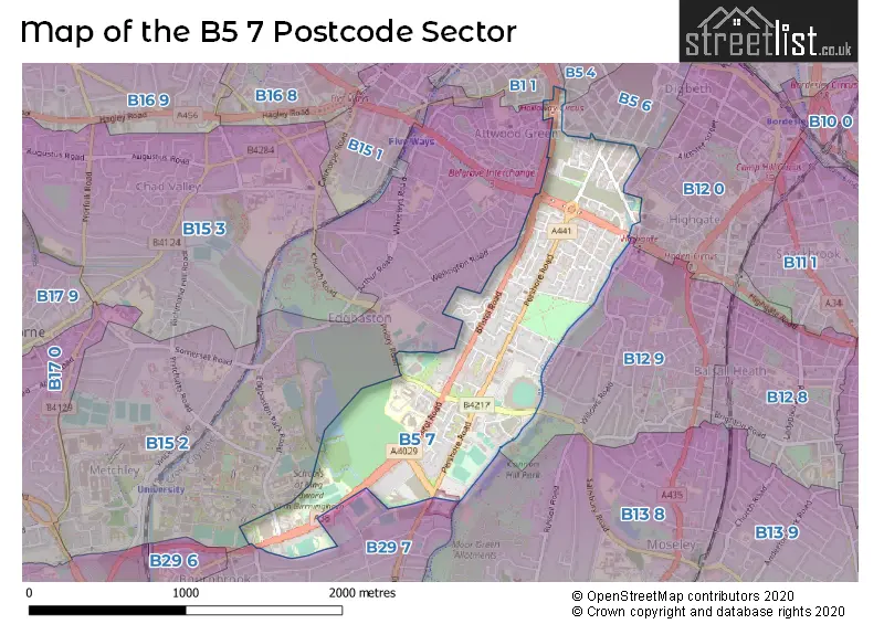 Map of the B5 7 and surrounding postcode sector