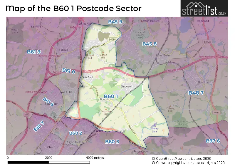 Map of the B60 1 and surrounding postcode sector