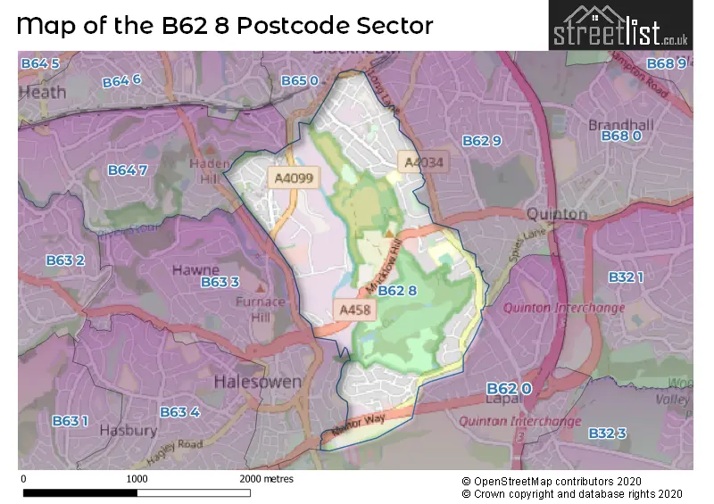 Map of the B62 8 and surrounding postcode sector