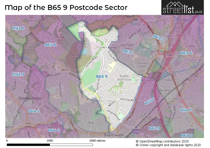 Map of the B65 9 and surrounding postcode sector