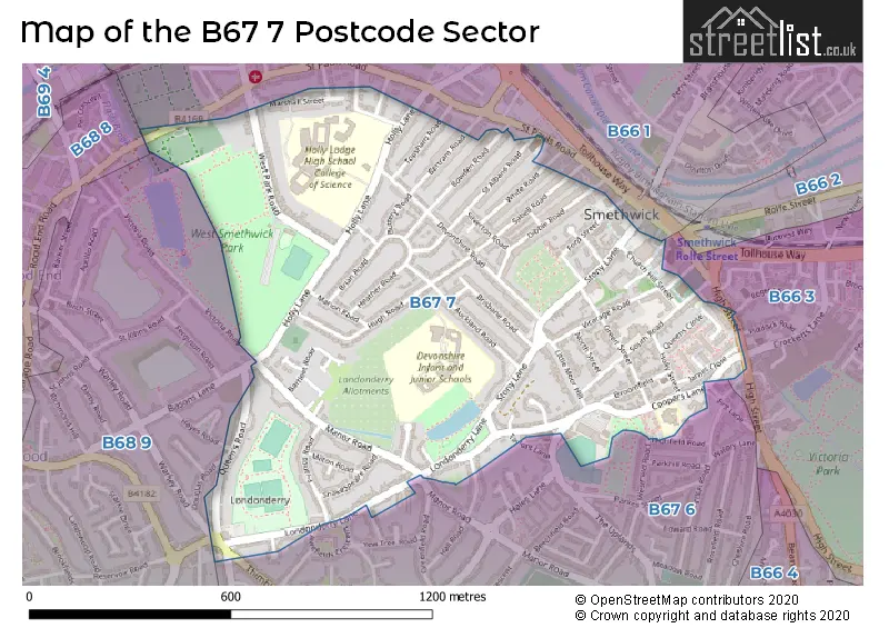 Map of the B67 7 and surrounding postcode sector