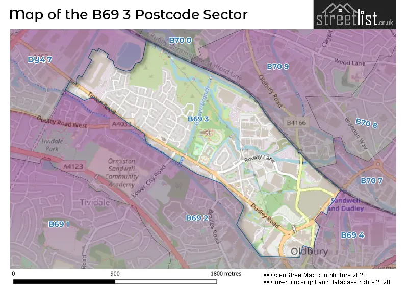 Map of the B69 3 and surrounding postcode sector