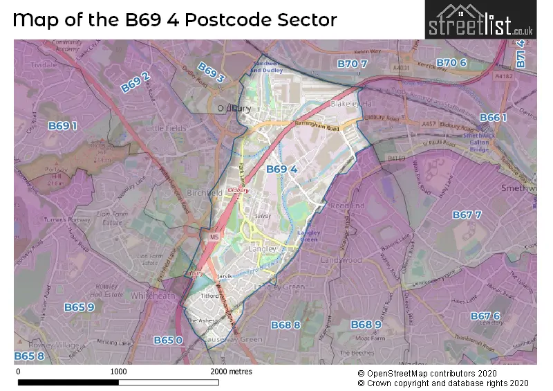 Map of the B69 4 and surrounding postcode sector