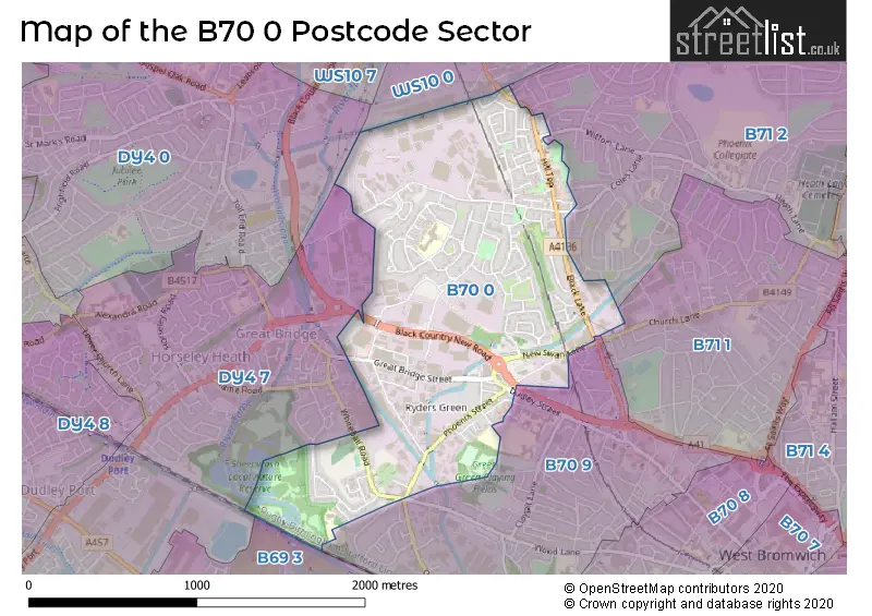 Map of the B70 0 and surrounding postcode sector