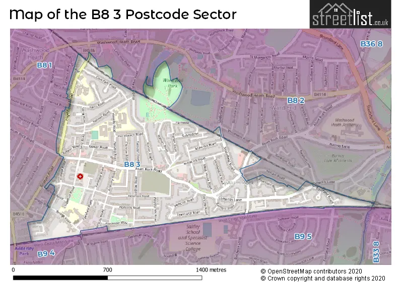 Map of the B8 3 and surrounding postcode sector