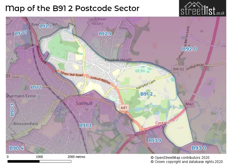 Map of the B91 2 and surrounding postcode sector