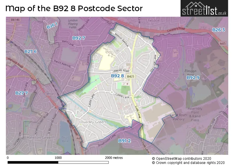 Map of the B92 8 and surrounding postcode sector