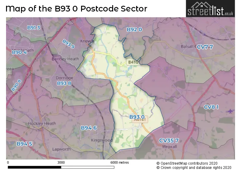 Map of the B93 0 and surrounding postcode sector