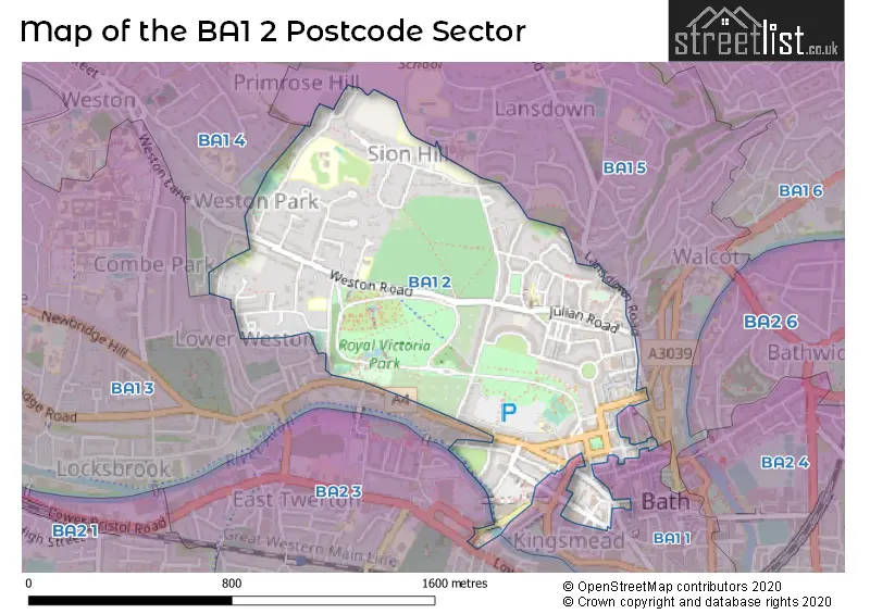 Map of the BA1 2 and surrounding postcode sector