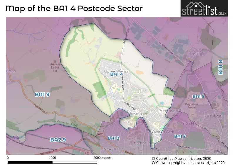 Map of the BA1 4 and surrounding postcode sector