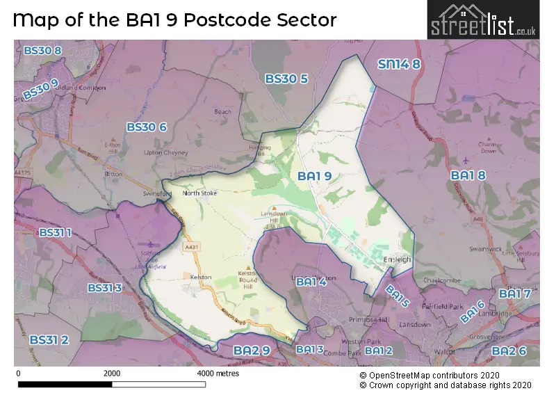 Map of the BA1 9 and surrounding postcode sector