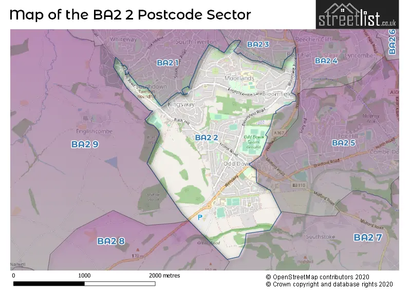 Map of the BA2 2 and surrounding postcode sector