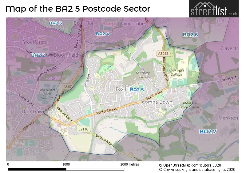 Map of the BA2 5 and surrounding postcode sector