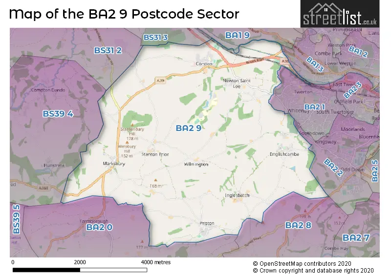 Map of the BA2 9 and surrounding postcode sector