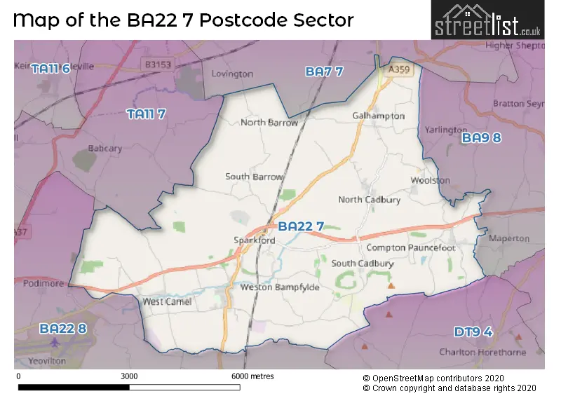 Map of the BA22 7 and surrounding postcode sector