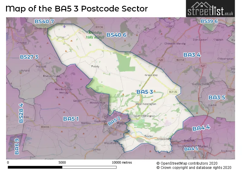 Map of the BA5 3 and surrounding postcode sector