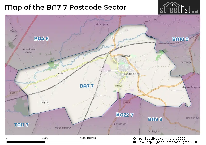 Map of the BA7 7 and surrounding postcode sector