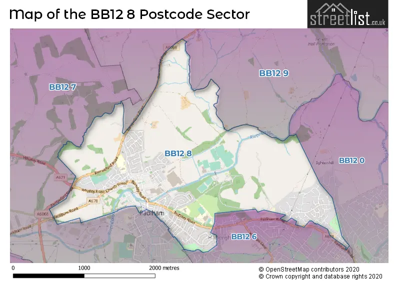 Map of the BB12 8 and surrounding postcode sector