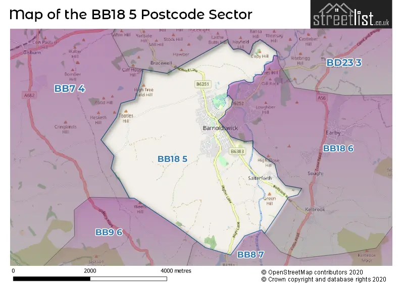 Map of the BB18 5 and surrounding postcode sector