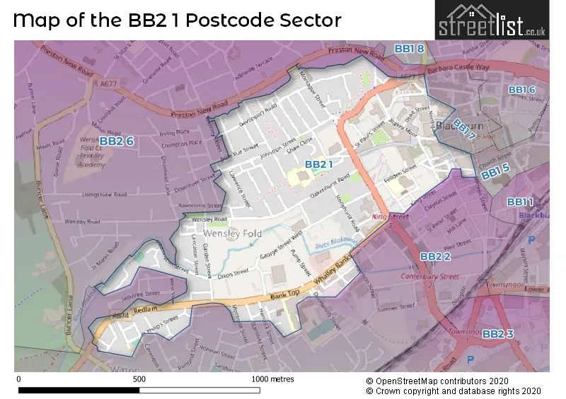 Map of the BB2 1 and surrounding postcode sector