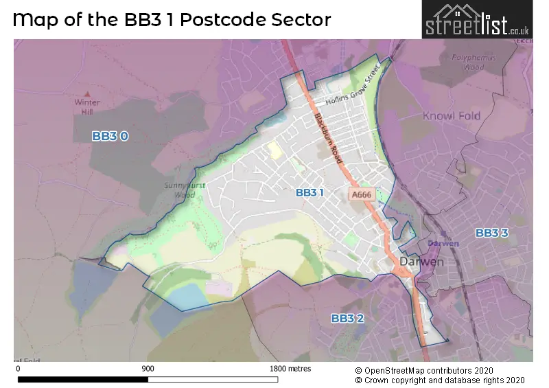 Map of the BB3 1 and surrounding postcode sector