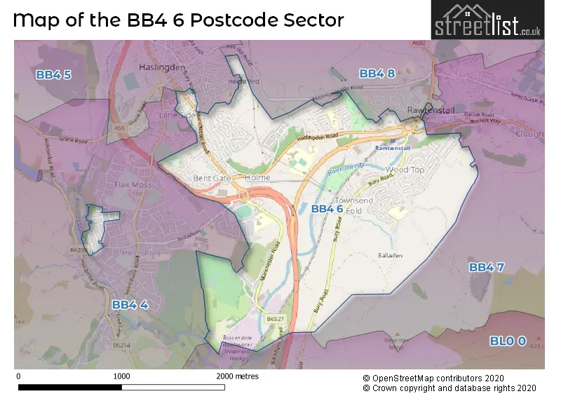 Map of the BB4 6 and surrounding postcode sector
