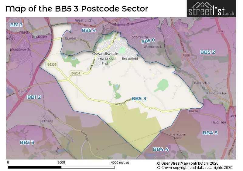 Map of the BB5 3 and surrounding postcode sector