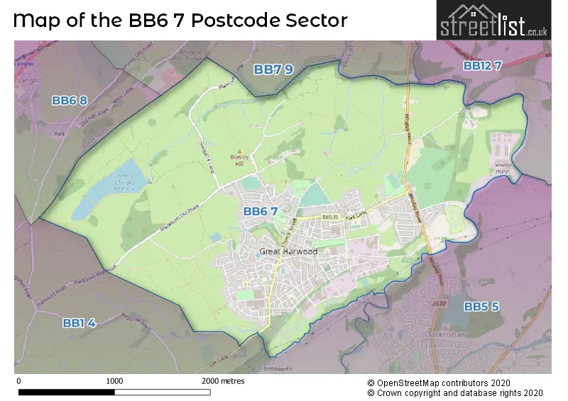 Map of the BB6 7 and surrounding postcode sector